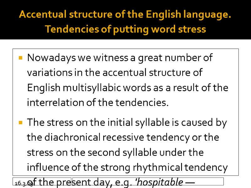 16.3.09 Accentual structure of the English language. Tendencies of putting word stress  Nowadays